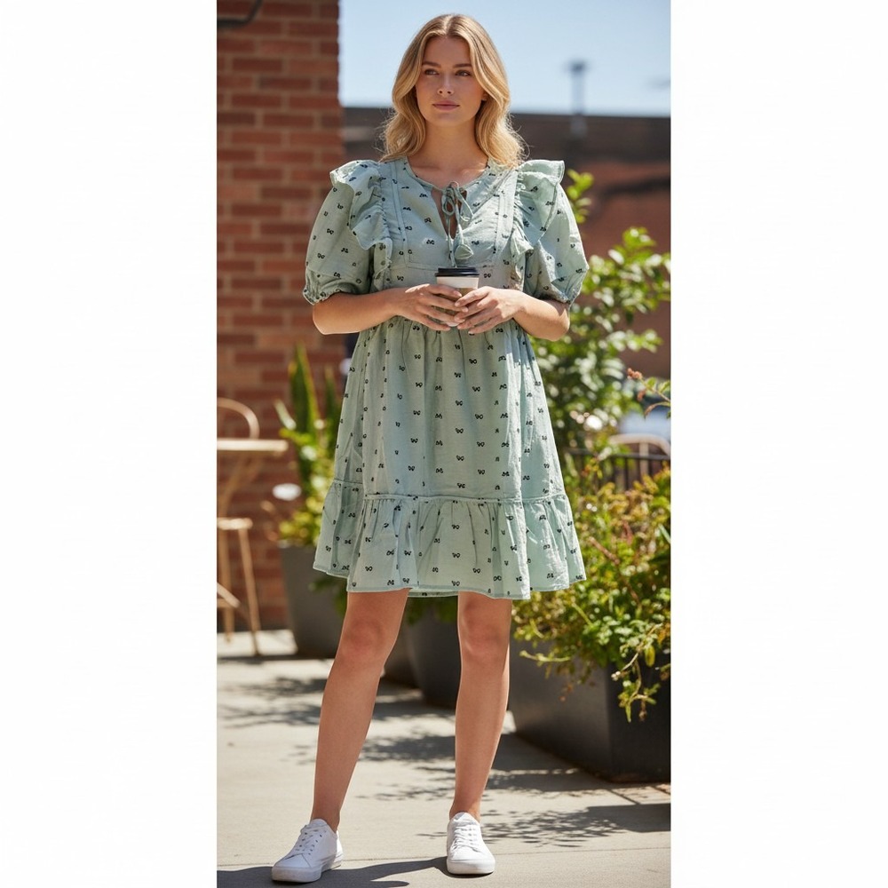 Umgee Linen Blend Babydoll Dress Women's Small Sage Green Bow Print NWT
